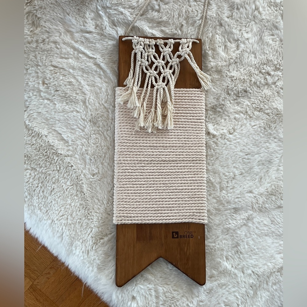 Cream Macrame Wall Hanging on Wooden Board cat scratch post